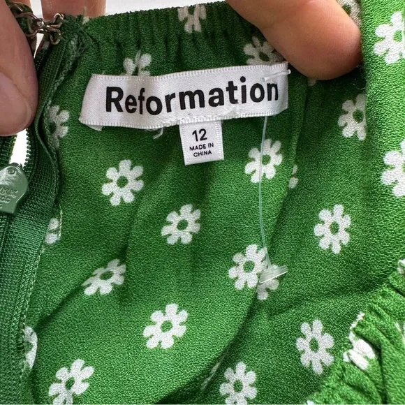 Reformation Green Daisy Floral Puff Sleeve Mini Dress